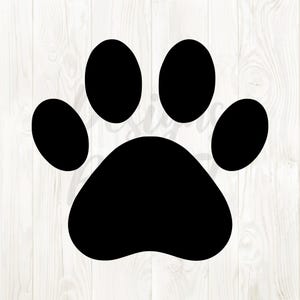 May include: A black paw print graphic, featuring five rounded pads, is displayed against a white wood grain background. The paw print is a solid, bold shape, commonly associated with pets and animal-themed designs.