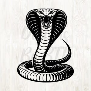 Può includere: Illustrazione in bianco e nero di un cobra con il cappuccio aperto e la bocca spalancata. Il serpente è arrotolato, con il corpo che forma un cerchio. Il design è dettagliato, con squame visibili e un'espressione minacciosa.