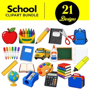 Può includere: Una raccolta digitale di 21 clipart a tema scolastico che include una mela rossa, pastelli, matita, quaderno, forbici, zaino blu, pennarelli, blocco a spirale, scuolabus giallo, colla, lavagna, carta, righello, mappamondo, temperino, tavolozza, calcolatrice, libri, evidenziatore e portapranzo.
