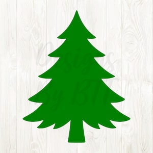 May include: A solid green Christmas tree silhouette. The tree has a classic triangular shape with layered branches. The background is a white wood grain pattern.