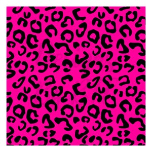 May include: A seamless pattern of black leopard spots on a bright pink background.