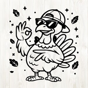 May include: A black and white illustration of a turkey wearing sunglasses and a baseball cap, giving an "okay" hand gesture. The turkey is surrounded by stars and leaf accents, creating a fun and festive design.