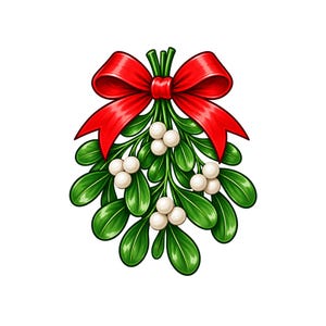 Könnte beinhalten: Eine festliche Illustration eines Mistelzweigs mit leuchtend grünen Blättern und Büscheln aus kleinen, runden weißen Beeren. Die Stiele sind oben mit einer großen, leuchtend roten Schleife mit herabhängenden Enden zusammengebunden.