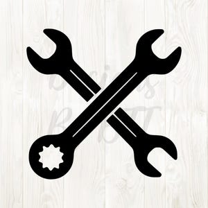 May include: Black crossed wrenches illustration. One wrench has a circular end with a starburst pattern, the other has a U-shaped end. The tools are set against a light wood grain background.