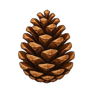 May include: A detailed illustration of a brown pine cone featuring overlapping woody scales arranged in a symmetrical, conical pattern. The artwork displays varying shades of brown, highlighting the texture and structure of the individual scales.