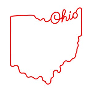 May include: A bright red continuous line drawing forming the outline of the state of Ohio. The line curves to form the word Ohio in a cursive script at the top right corner of the shape, creating a single connected graphic design element.