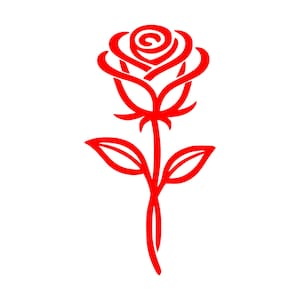 Peut inclure: Illustration au trait rouge d'une rose sur fond blanc. La rose présente un centre en spirale détaillé, des pétales incurvés et des feuilles. La tige est une seule ligne qui se divise pour former les feuilles.