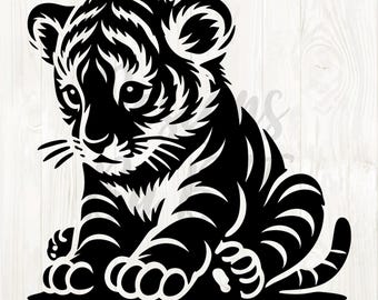 赤ちゃんトラ svg、赤ちゃんトラ png、赤ちゃんトラ クリップアート、トラの子 svg、トラの子 png、トラのデジタル ダウンロード、トラのクリップアート 黒、デジタル トラ