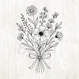 Puede incluir: Ilustración en blanco y negro de un ramo de flores atado con un lazo. El ramo presenta varias flores y hojas, creando un diseño delicado y elegante. Ideal para arte digital o impresión.