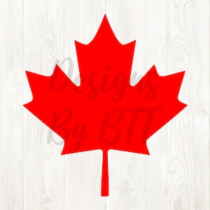 Puede incluir: Una vibrante hoja de arce roja, símbolo de Canadá, sobre un fondo blanco con vetas de madera. La imagen incluye el texto "Designs By BTT" en fuente cursiva.