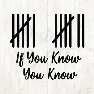 May include: Black graphic with tally marks and the phrase "If You Know You Know" in a cursive font. The design is set against a white, wood-grain background.