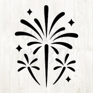 May include: Black fireworks illustration with three bursts and four star-shaped accents. The design is set against a white wood grain background, creating a festive and celebratory feel. Perfect for Fourth of July or New Year's.