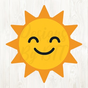 May include: A cheerful, cartoon-style sun with a smiling face. The sun is primarily yellow with orange rays and a black curved mouth and eyes. The image has the text "Designs By BTT" in the background.