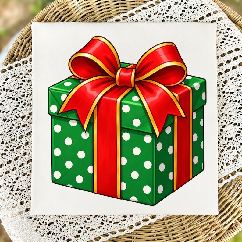 Christmas Present PNG, Green Polka Dot Gift Clipart, Red Bow Design ...