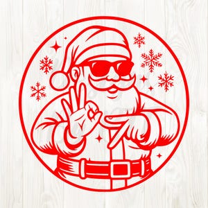 Pode incluir: Um gráfico vermelho do Pai Natal usando óculos de sol, fazendo um gesto com a mão e rodeado por flocos de neve e estrelas. O Pai Natal tem um grande bigode e barba, e usa um chapéu e um cinto.