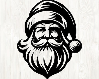 May include: A black and white illustration of Santa Claus's face. The image features Santa with a long, flowing beard, a large mustache, and a traditional hat with a pom-pom. The design is a vector graphic, suitable for various holiday-themed projects.