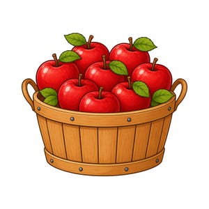Puede incluir: Una cesta de madera llena de siete manzanas de color rojo brillante, cada una con un tallo marrón y una o dos hojas verdes. La cesta tiene una textura de madera clara, dos asas laterales y está reforzada con remaches metálicos en la base.