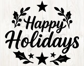 May include: Black text on a white wood grain background reads "Happy Holidays" in a cursive font. The text is surrounded by black stars, holly leaves, and berries, creating a festive holiday design.