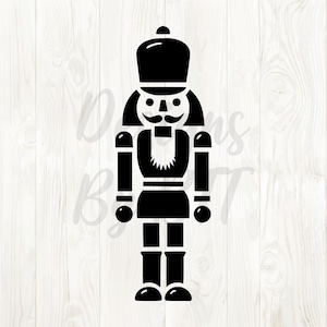 May include: A black and white illustration of a traditional nutcracker soldier. The nutcracker has a tall hat, a mustache, and a beard. It is a classic Christmas decoration.