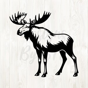 May include: A black and white illustration of a moose standing on a white wooden background. The moose has large antlers and is facing left. The image is a silhouette style, with the moose's body and antlers in solid black.