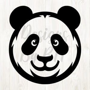 May include: A black and white panda face illustration. The panda has large, round ears, small eyes, and a smiling mouth. The design is simple and graphic, suitable for various applications.