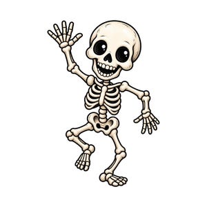 May include: A cartoon skeleton illustration featuring an off-white bone structure with large black eyes and a wide, toothy grin. The skeleton is depicted in a dynamic, waving pose with one arm raised and one leg bent, rendered in a clean, bold style.