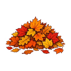 Könnte beinhalten: Ein dichter Haufen gefallener Herbstblätter in leuchtenden Rot-, Orange-, Gelb- und Brauntönen. Die Illustration zeigt verschiedene Blattformen, darunter spitz zulaufende Ahornblätter und abgerundete Eichenblätter, die natürlich geschichtet sind.