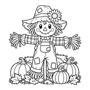 May include: A black and white line art illustration of a scarecrow wearing a plaid shirt, overalls with patches, and a hat adorned with a sunflower. The scarecrow stands among three pumpkins and fallen leaves, featuring straw hands and feet.