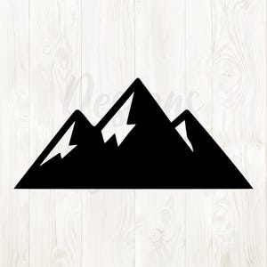 May include: A black mountain range silhouette with three peaks. The design features sharp, angular shapes, with white accents suggesting snow or highlights. The image is set against a light wood grain background.