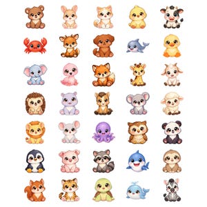 Può includere: Una collezione di 36 illustrazioni di animali dei cartoni animati, tra cui un orso, un coniglio, un gatto, un'anatra, una mucca, un granchio, un cervo, un cane, un delfino, un'anatroccolo, un elefante, un fenicottero, una volpe, una giraffa, una capra, un riccio, un ippopotamo, un cavallo, un koala e un agnello.