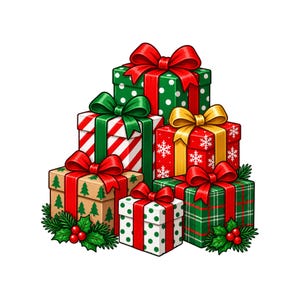 May include: A stack of six gift boxes wrapped in festive paper with patterns including green polka dots, red and white stripes, red snowflakes, brown trees, and green plaid. Each box is topped with a large red or gold ribbon bow.