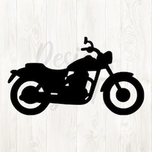 Peut inclure: Silhouette noire d'une moto. L'image présente un design de moto classique avec un phare arrondi, un guidon et de grandes roues. La moto est représentée de profil, mettant en valeur son moteur et sa selle.