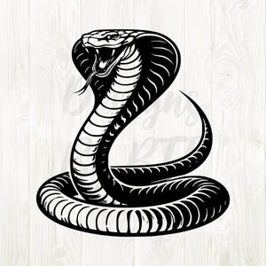 May include: A black and white illustration of a cobra snake in a coiled position. The snake is shown with its hood expanded, mouth open, and tongue extended. The design is detailed with curved lines.