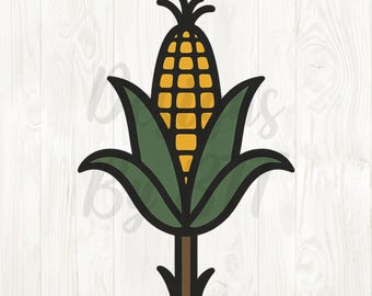 May include: A stylized illustration of an ear of corn. The corn is yellow with a black outline, and is surrounded by green leaves. The stem is brown, and the image has a white background.