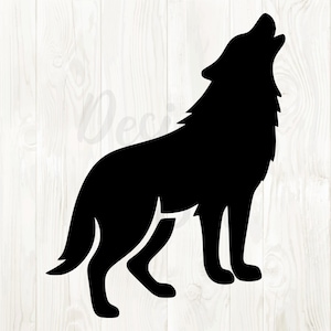 May include: A black silhouette of a howling wolf. The wolf is depicted in profile, with its head raised and mouth open in a howl. The image is set against a light wood grain background.