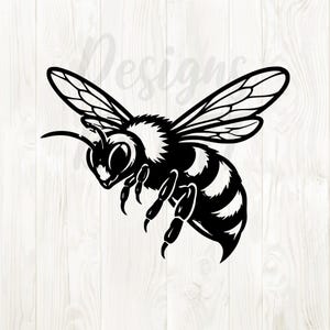 May include: Black and white illustration of a bee in flight. The bee has detailed wings, antennae, and striped abdomen. The image is a vector design, suitable for various applications.