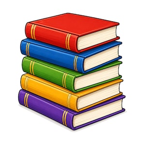 May include: A vertical stack of five hardcover books with solid red, blue, green, yellow, and purple covers. Each book features gold-colored vertical lines on the spine and white pages visible along the edges, arranged in a neat, balanced pile.