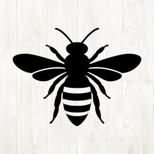 May include: A black and white illustration of a bee with outstretched wings. The bee has a segmented body with black and white stripes, six legs, and antennae. The background is a light wood grain pattern.