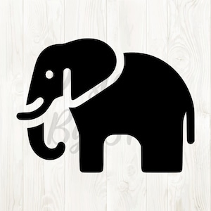May include: A black elephant silhouette with a white outline, featuring a trunk, tusks, and a small eye. The elephant is depicted in a simple, stylized design, suitable for various applications. The background is a light wood grain pattern.