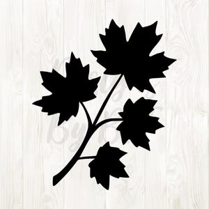 May include: Black silhouette of a maple leaf branch with four leaves. The leaves have a classic maple leaf shape with pointed lobes. The branch is a simple, elegant design, perfect for fall-themed crafts or decor.