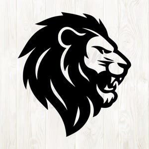 May include: A black and white lion head silhouette. The lion is depicted in profile, with a detailed mane and a fierce expression. The image is a graphic design, suitable for various applications.