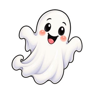 May include: A cartoon illustration of a friendly white ghost with large black eyes, a wide smiling mouth, and round pink cheeks. The ghost has a flowing, sheet-like body with wavy edges and raised arms, outlined in a bold black line against a white background.