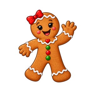 Könnte beinhalten: Eine braune Lebkuchenfigur mit lächelndem Gesicht, großen Augen und einer roten Schleife auf dem Kopf. Der Keks hat weiße Zuckergussverzierungen an Armen und Beinen, ein rotes Herz auf der Brust und drei vertikale Bonbonknöpfe in Rot und Grün.