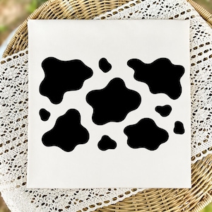 May include: A square canvas with a white background featuring a pattern of black cow spots. The spots vary in size and shape, creating a playful and recognizable design. This artwork is suitable for farmhouse or country-themed decor.