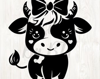 May include: Black and white cartoon illustration of a cow with a big bow on its head. The cow has large eyes and a sweet expression. The cow is standing on all four legs.