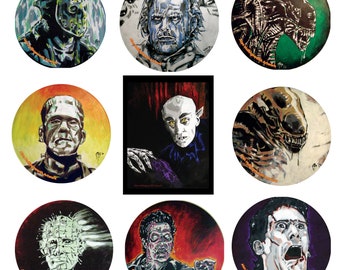 May include: Nine round, colorful, painted illustrations of horror movie characters. Each illustration is on a white background and features a different character from a horror movie. The characters include Jason Voorhees, Freddy Krueger, Michael Myers, Dracula, the Alien, the Creature from the Black Lagoon, and others.