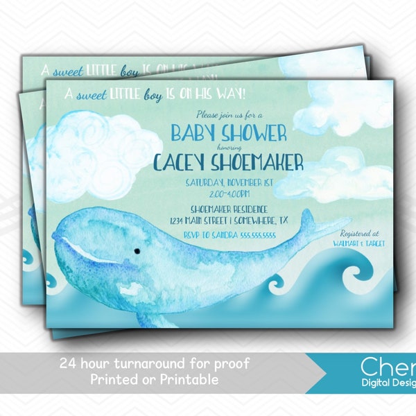 Invitations de baby shower de baleine | Shower de bébé garçon imprimé ou imprimable