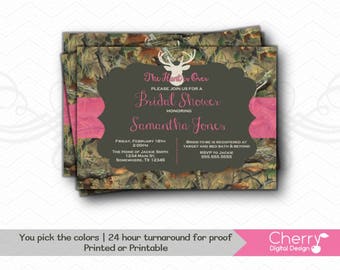 The Hunt is over Camo & Pink PRINTABLE or PRINTED Bridal Shower Invitations | Deer Head Antler Invitations | You pick the colors