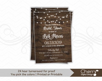 Mason Jar Lights Bridal Shower Invitations | PRINTED or PRINTABLE | White Rustic Wood Wedding Shower Couples