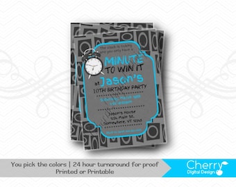 Minute to Win It Birthday Party Invitations | Printed or Printable Birthday Invitation | Boy or Girl Party Invite | Turquoise